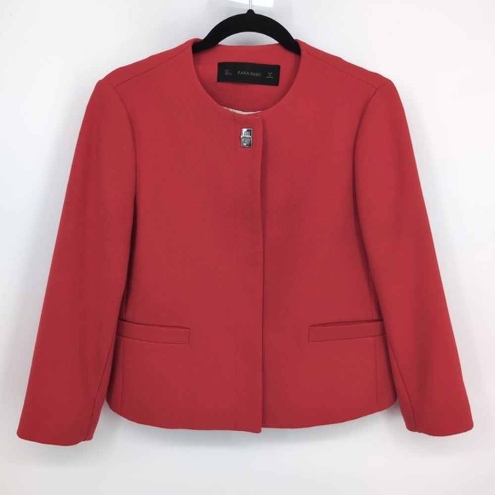 Zara Basic Blazer Jacket Red Round Neck Open Front Long Sleeve Womens Size Large